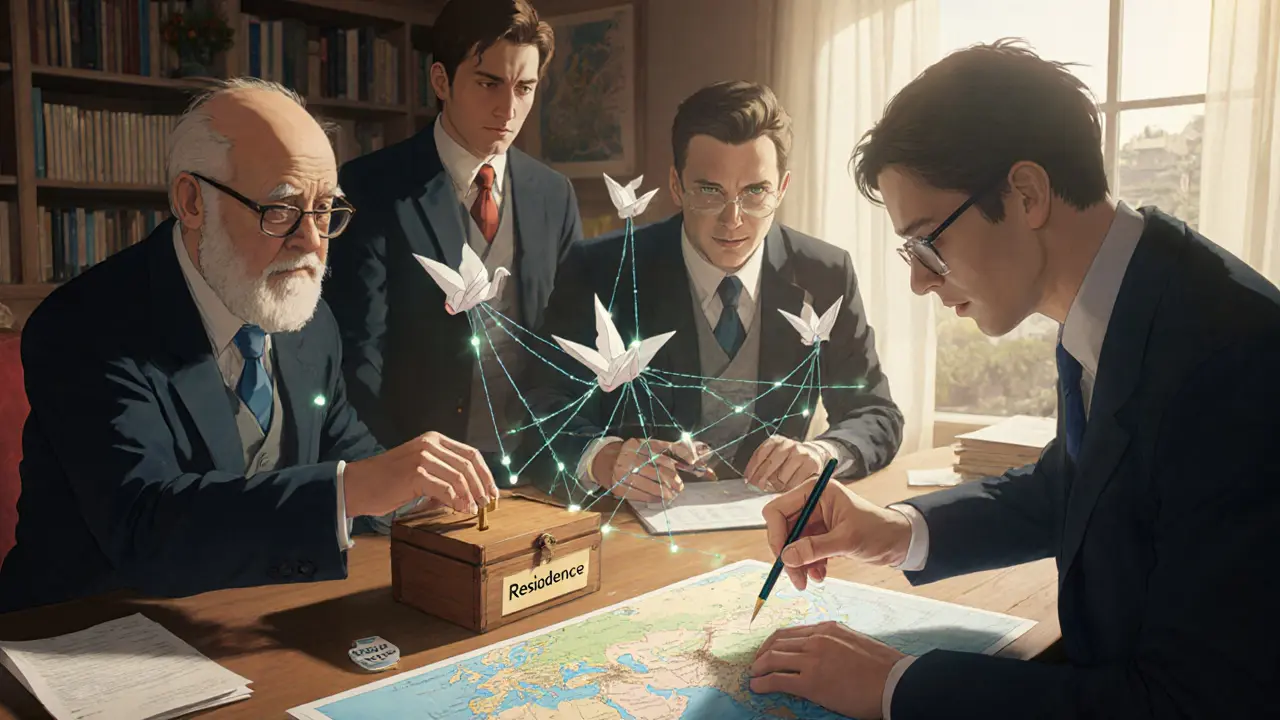 Wise advisors in a sunlit study guiding a client’s relocation with floating blockchain diagrams and paper cranes carrying tax forms.