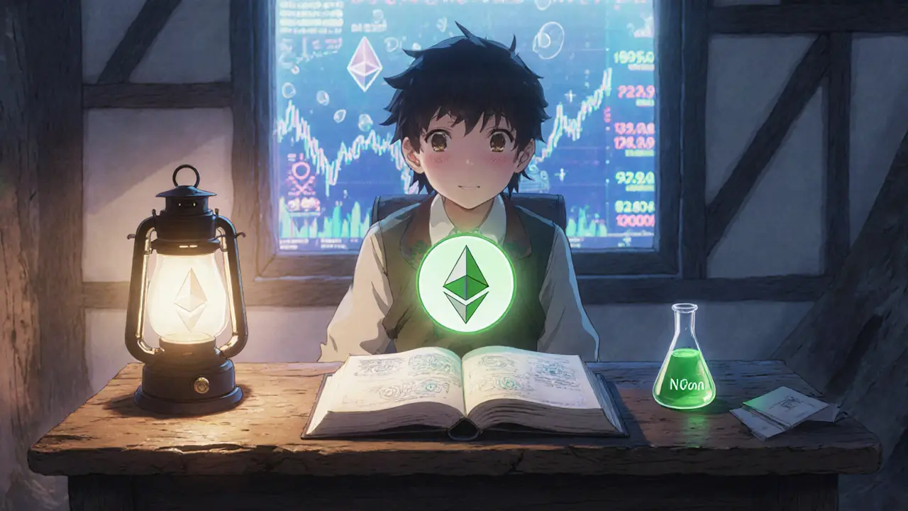 Young explorer at desk with Ethereum wallet, glowing NVOon token, and holographic crypto market background.