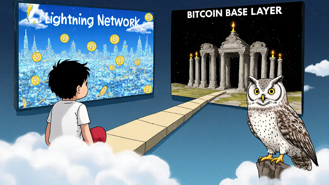 A child on a cloud watching two paths: one for Lightning Network’s fast coins, another for Bitcoin’s six-confirmation temple.