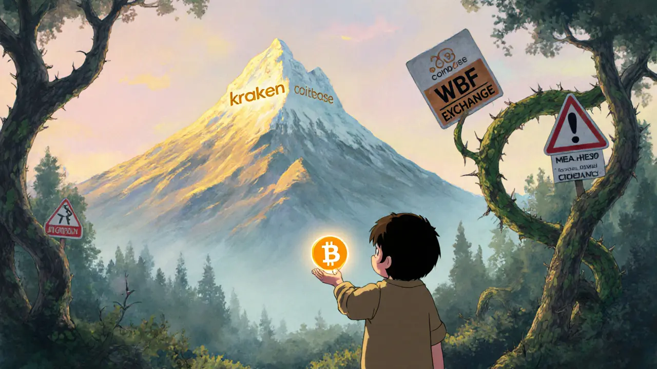 A child reaching for safe crypto exchanges as a thorny vine labeled WBF tries to pull them back in a misty forest.