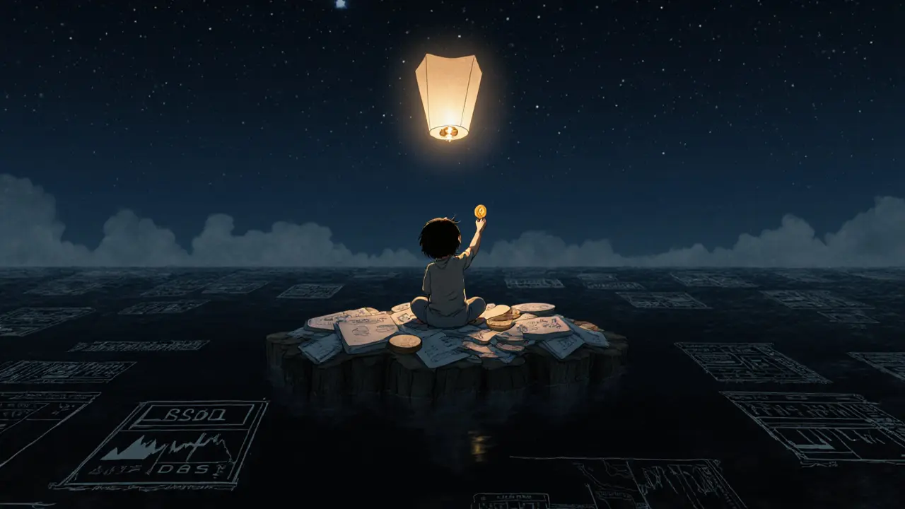 A child releases a coin into a paper lantern above a sea of forgotten trading charts.