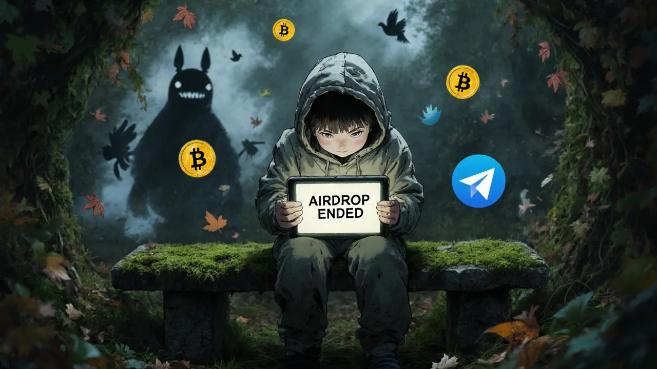 A child sits alone in an overgrown garden, staring at a broken tablet showing &#039;Airdrop Ended&#039; as floating tokens drift around them.