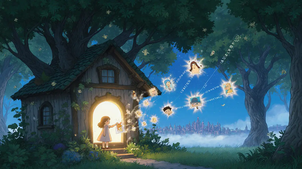 A child uploads a photo in a digital treehouse, sending shimmering file chunks into a network of spirit avatars.