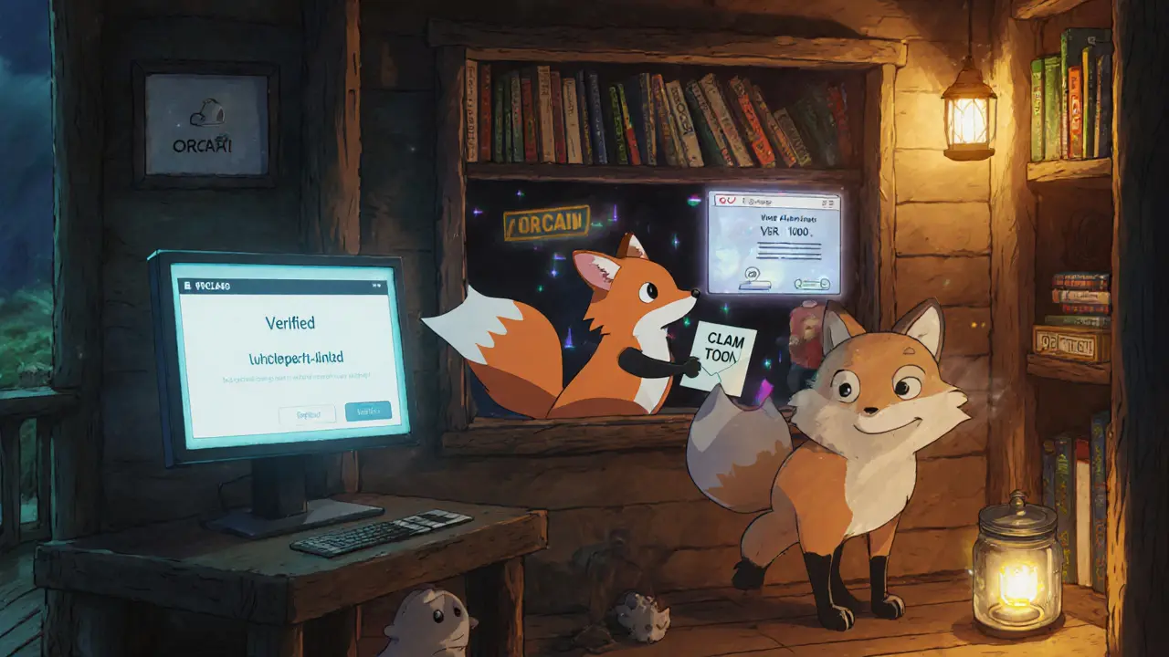 A cozy cabin with a verified airdrop letter arriving as a ghostly fake website fades away outside.