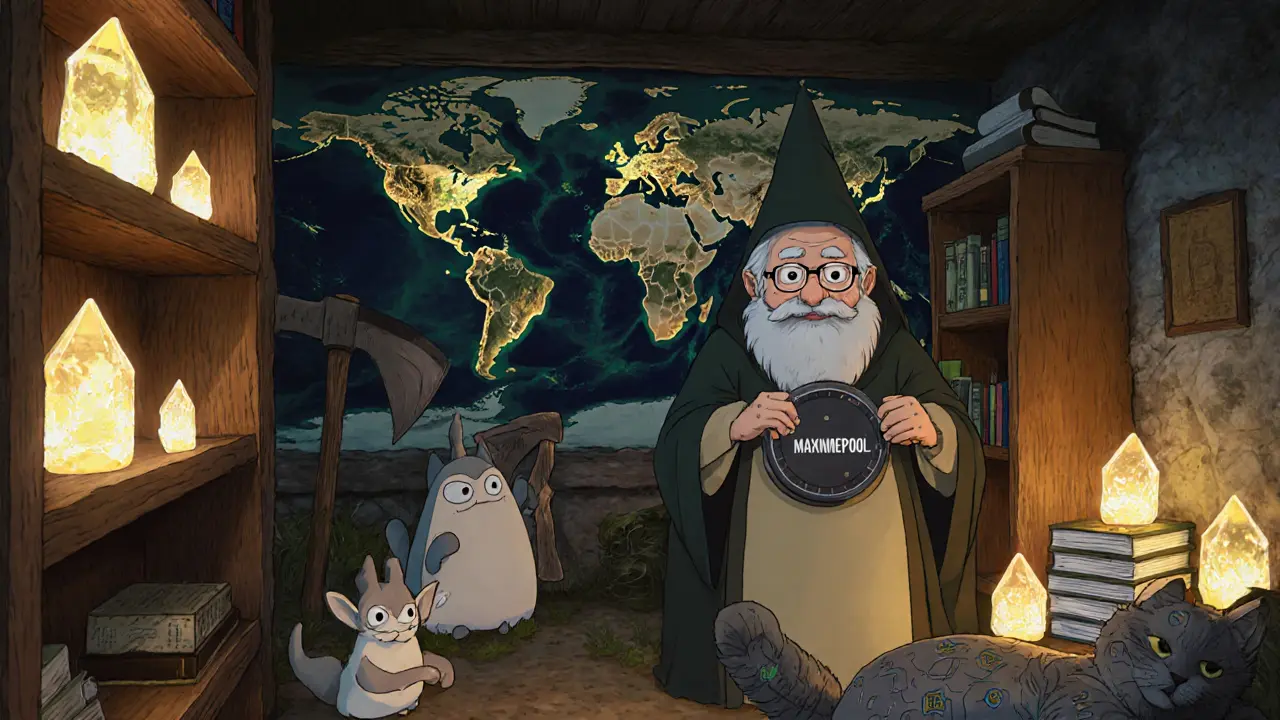 A cozy node room with glowing mempool crystals and spirit miners sorting transactions, in Studio Ghibli style.