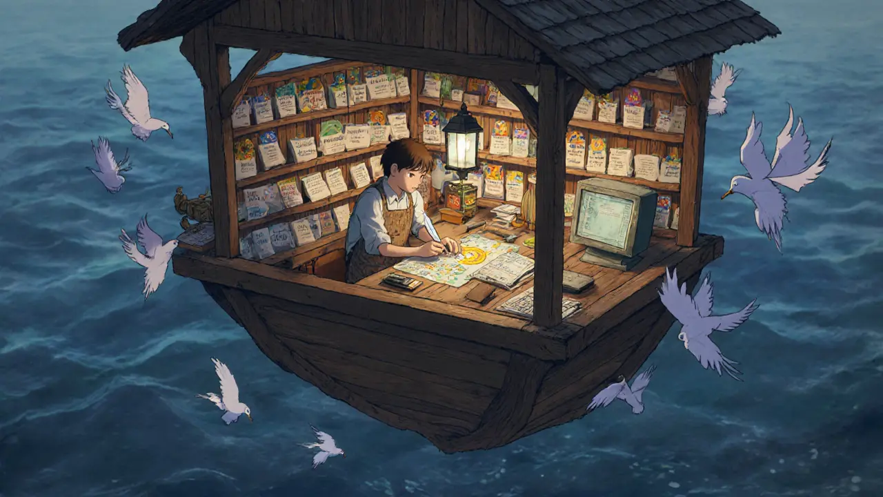 A cozy workshop with mosaics and namespaces, a developer crafting tokens, and a faded computer in the corner.