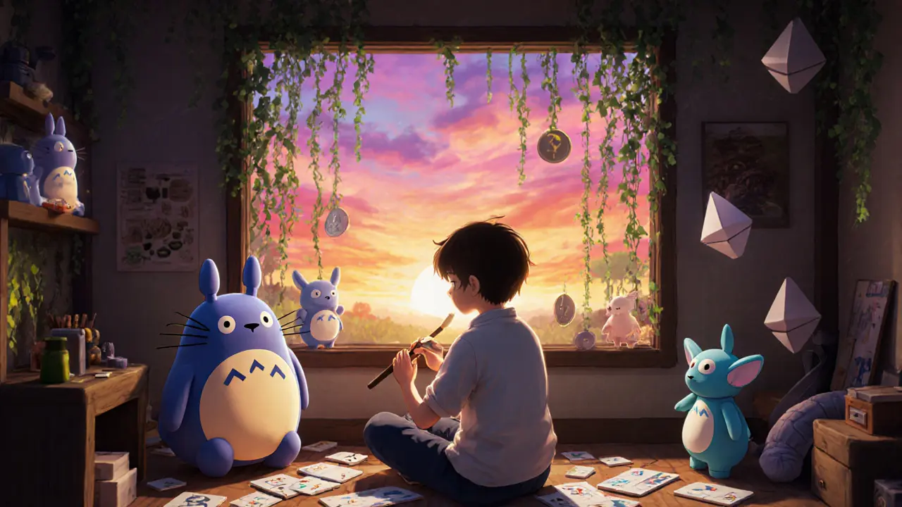 A creator sculpting a 3D NFT creature in a cozy voxel studio with floating tokens and spirit helpers.