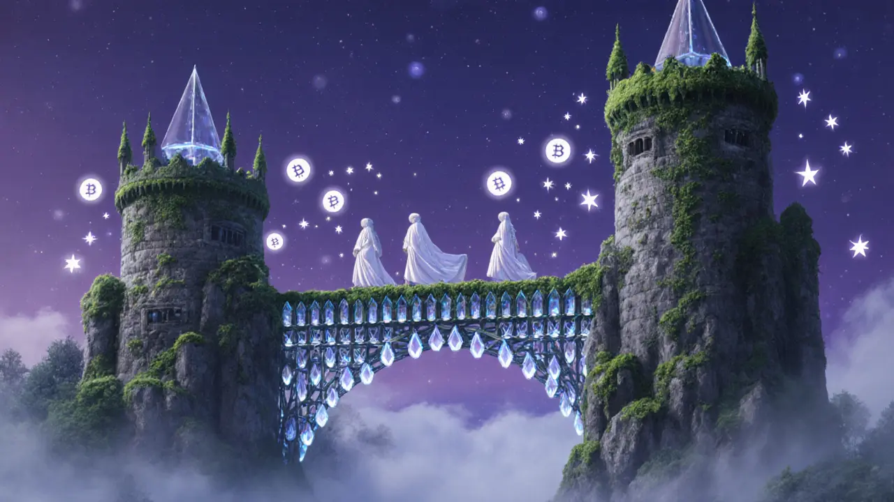 A crystalline trustless bridge spans blockchain towers with ethereal relayers moving through mist, under a twilight sky.