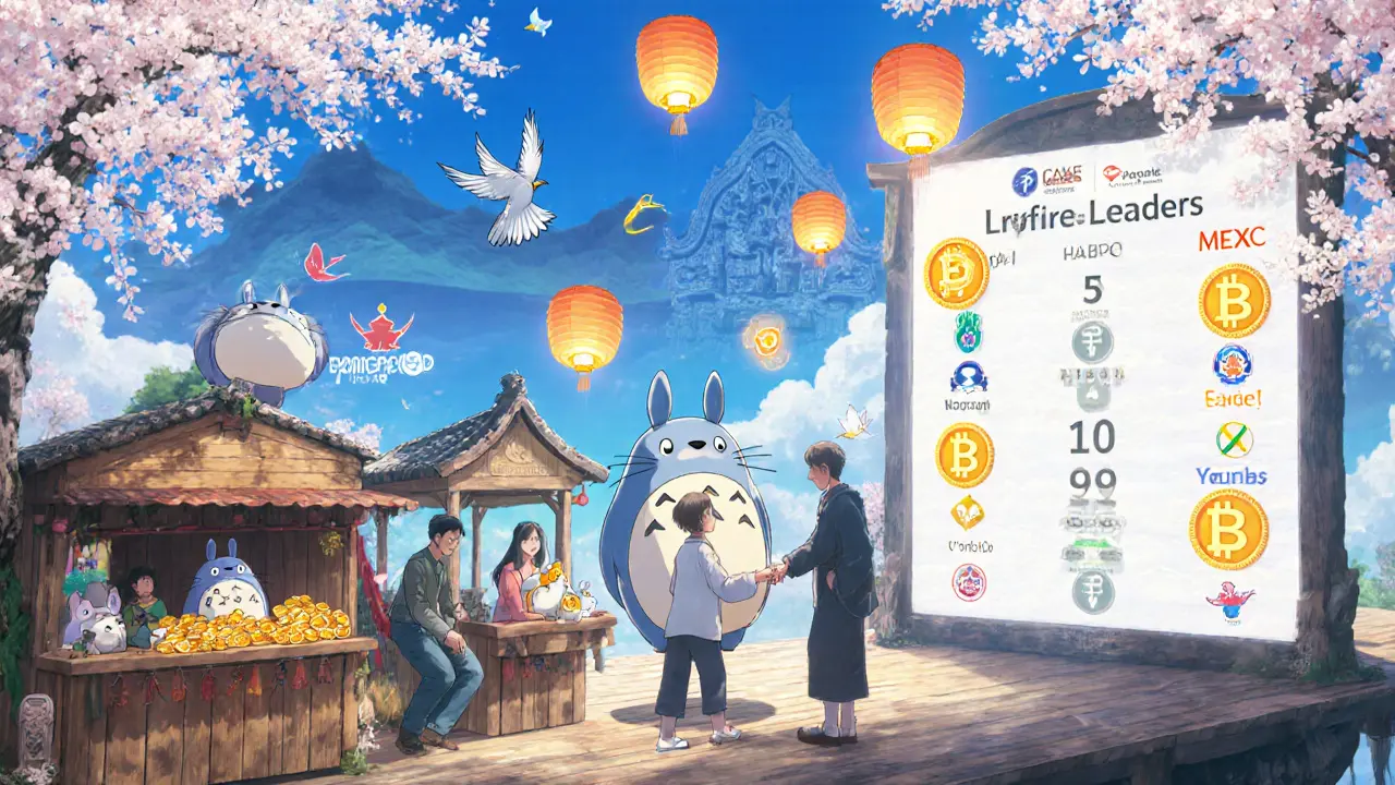 A digital marketplace with referrers’ lanterns rising above users trading tokens.