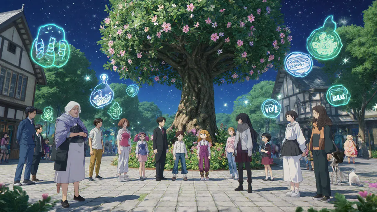 A diverse group gathering under a tree that blooms into wearable NFTs, with voting proposals drifting like fireflies.