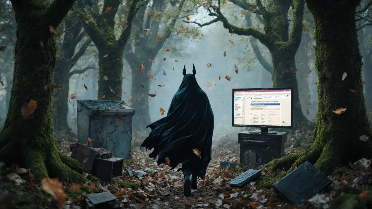 A faceless figure walks through a forest of corrupted blockchain trees under a flickering website monitor.