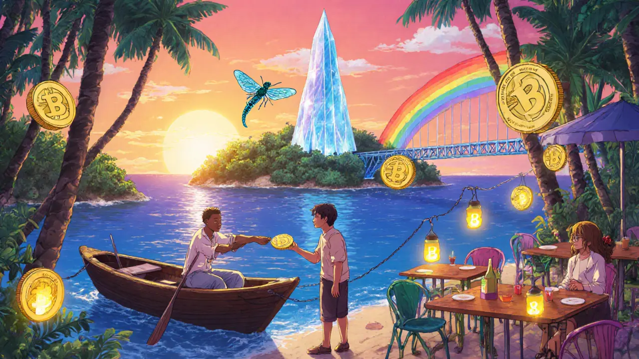 A fisherman in Dominica accepts USDD coins at sunset, with a digital tower rising in the jungle and blockchain bridges in the sky.