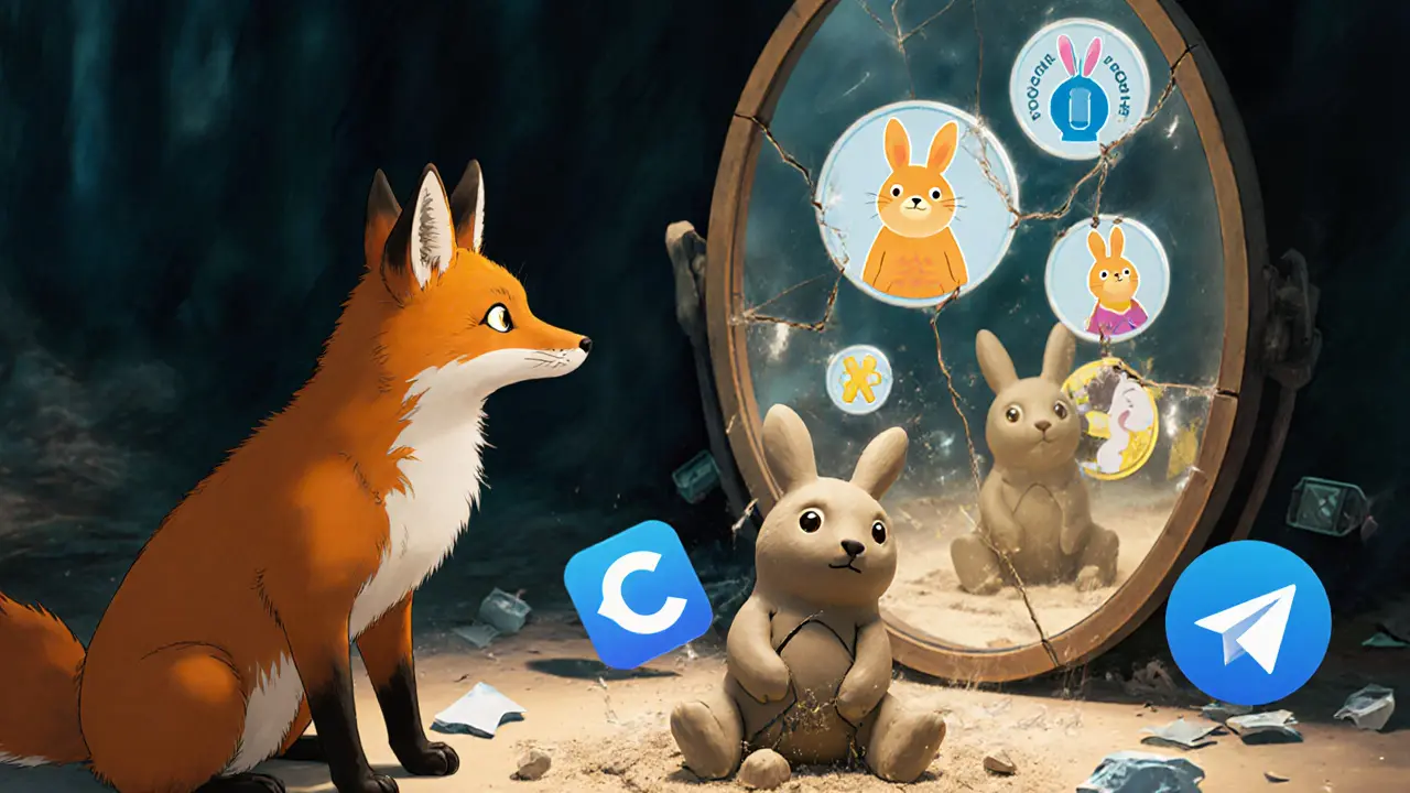 A fox watching three living rabbit tokens while RBT crumbles into dust in Studio Ghibli style.