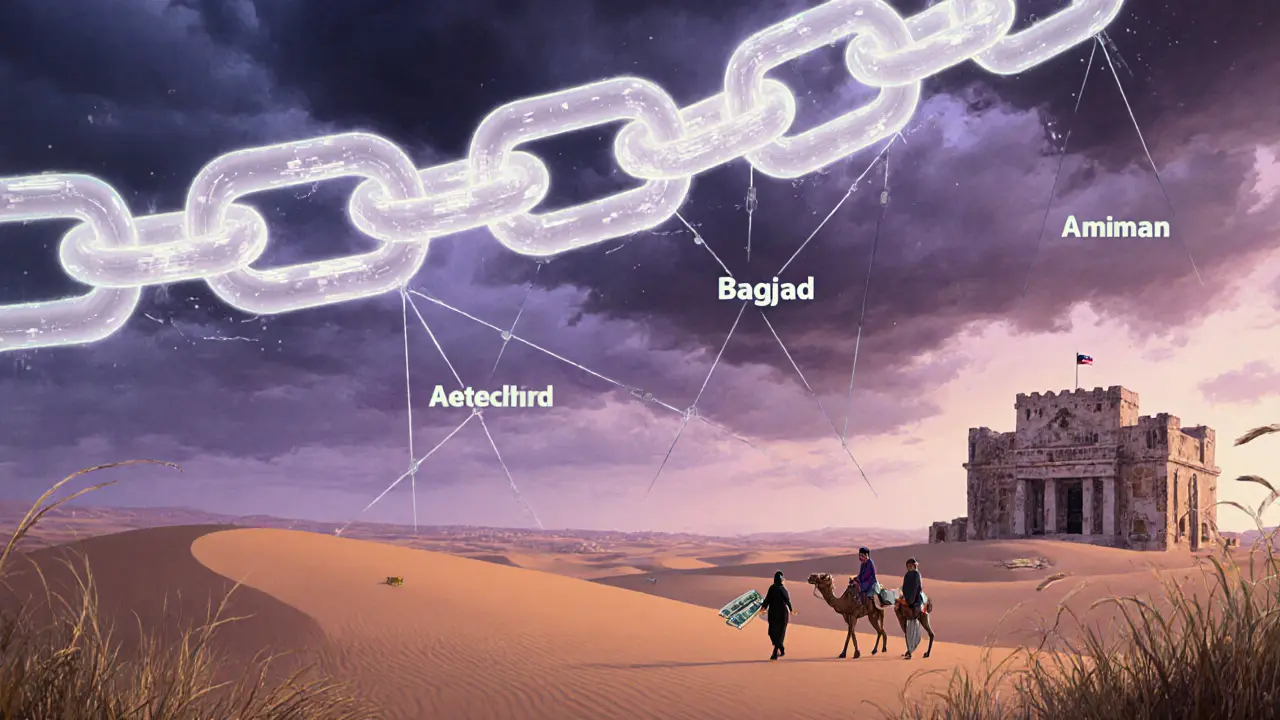 A ghostly blockchain chain connecting cities across the Iraqi desert at twilight.