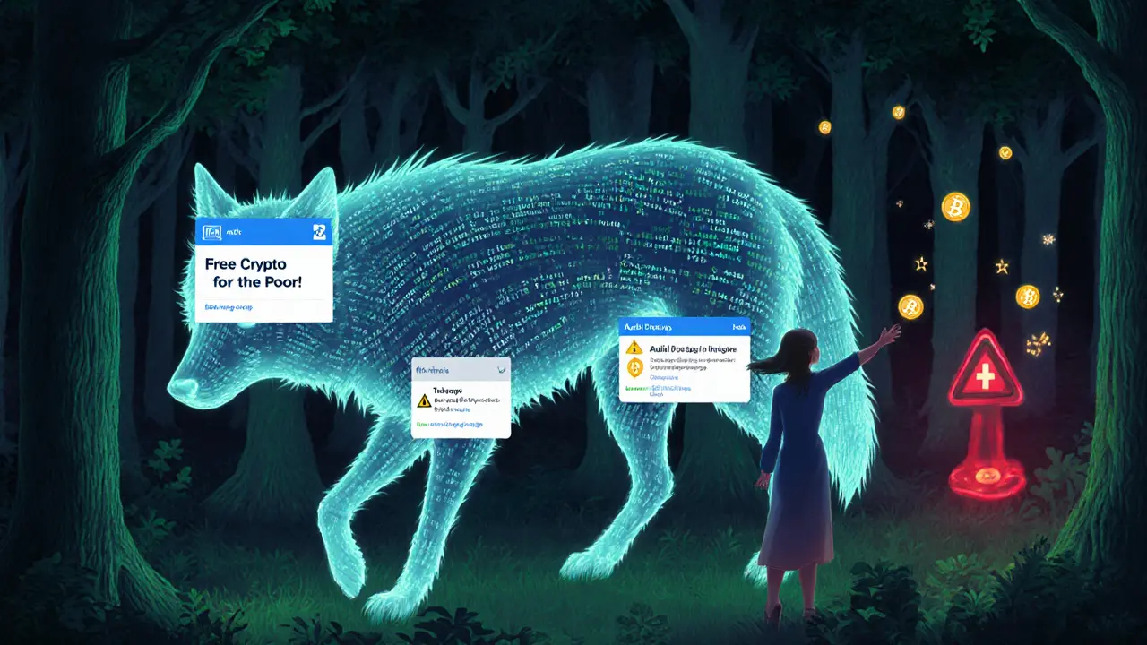 A ghostly wolf made of blockchain code walks through a forest of fake airdrop notifications.