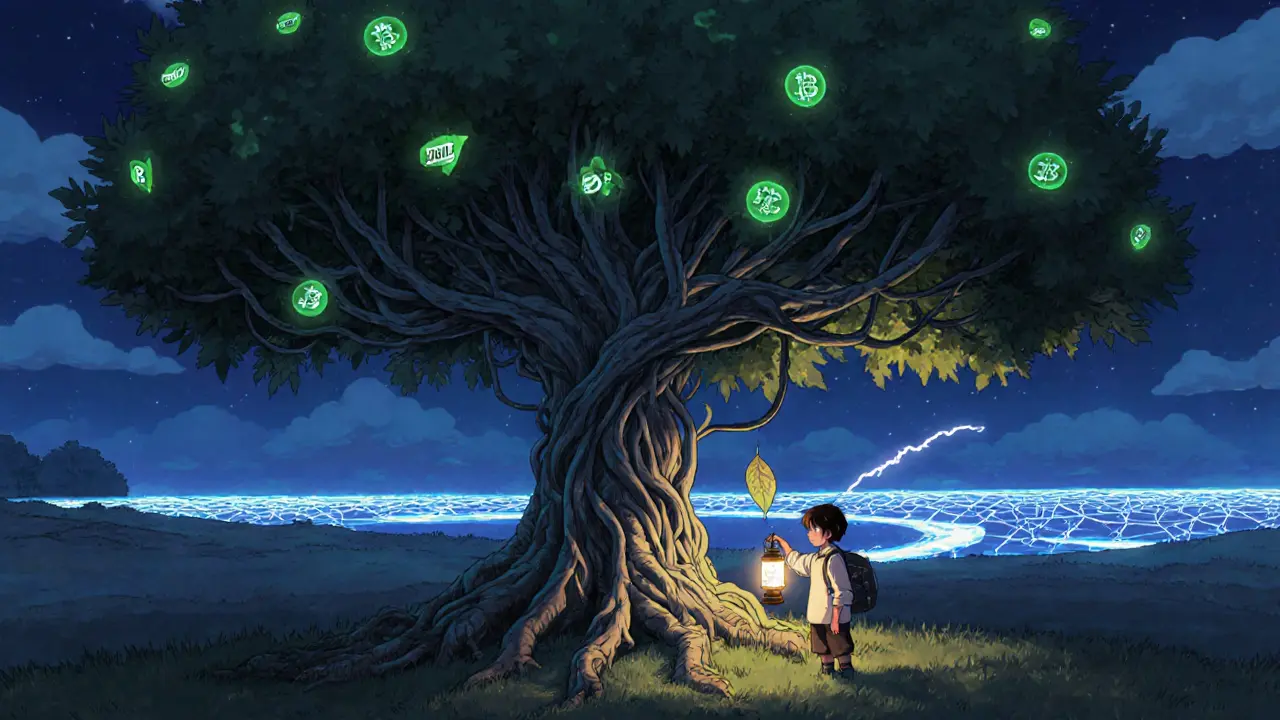 A giant blockchain tree with transaction leaves, a traveler using RBF to lift a stuck one, in Studio Ghibli style.