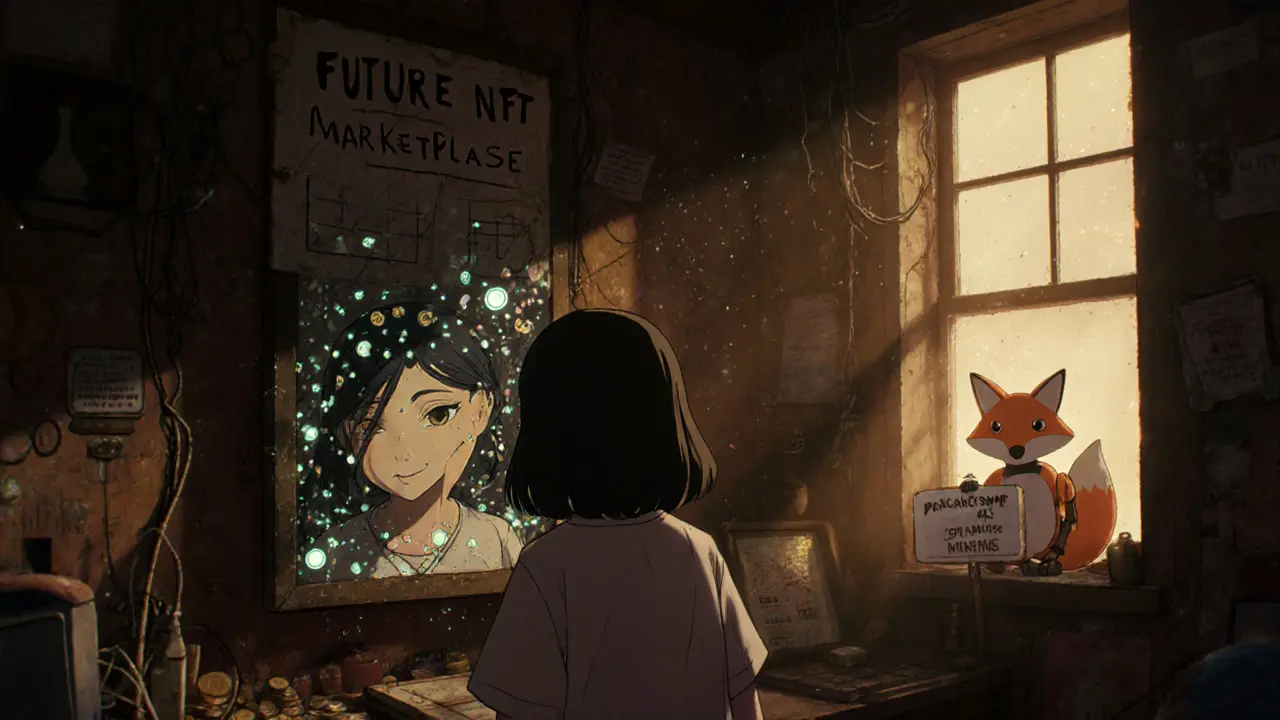 A girl looks into a mirror reflecting trillions of glowing tokens, surrounded by old crypto gear in a cozy, cluttered workshop.