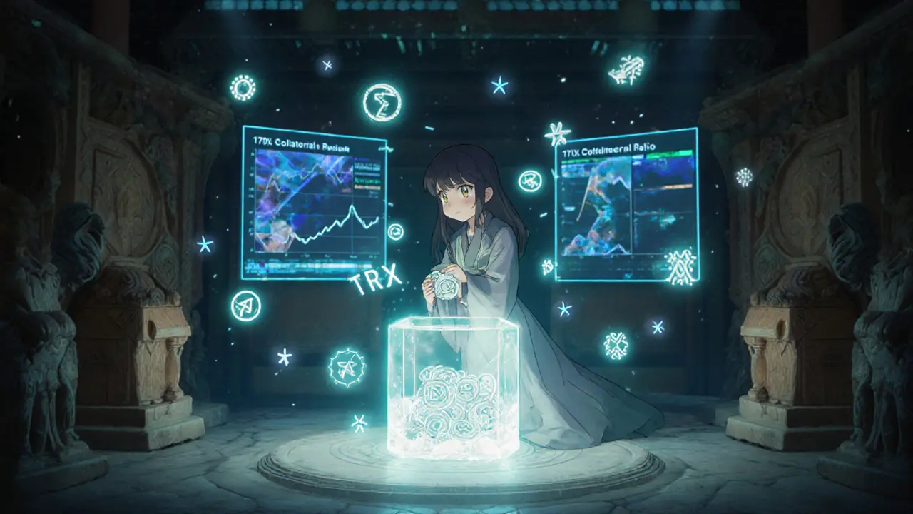 A girl placing TRX tokens into a glowing crystal vault as digital symbols swirl around her in a serene temple.