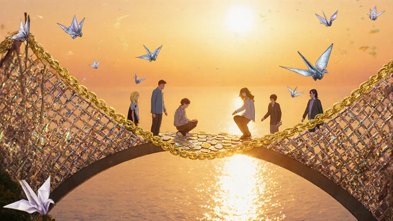 A hybrid bridge transforms beneath diverse users as paper cranes fly around it at dawn, blending trusted and decentralized elements.