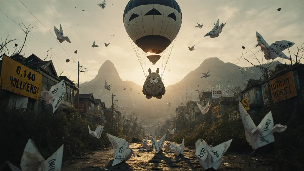 A lion-shaped balloon floats above a deserted blockchain city, with paper cranes falling into a void labeled &#039;<h2>Is it safe? Is it worth it?</h2>.0 Market Cap&#039;.