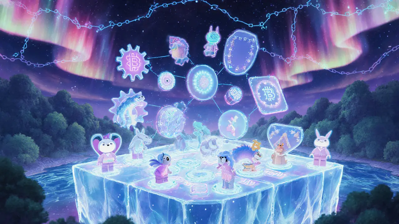 A magical digital marketplace where users assemble financial tools like LEGO blocks, surrounded by glowing blockchain chains in a dreamy sky.