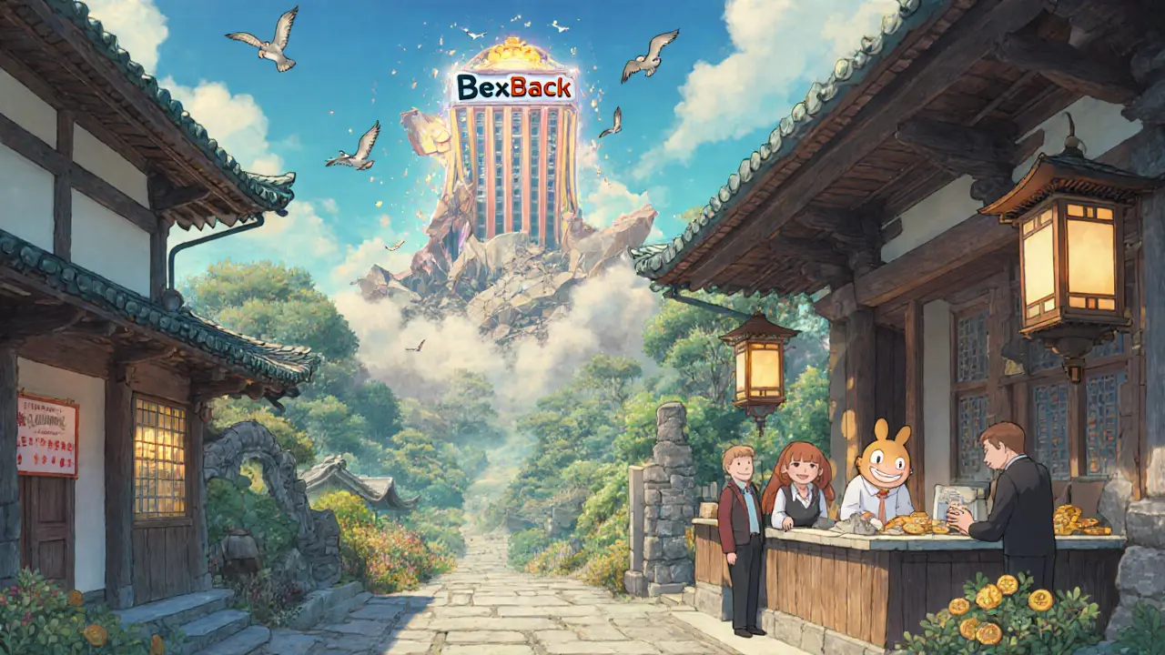 A peaceful regulated exchange contrasts with a collapsing high-leverage casino tower in the distance.