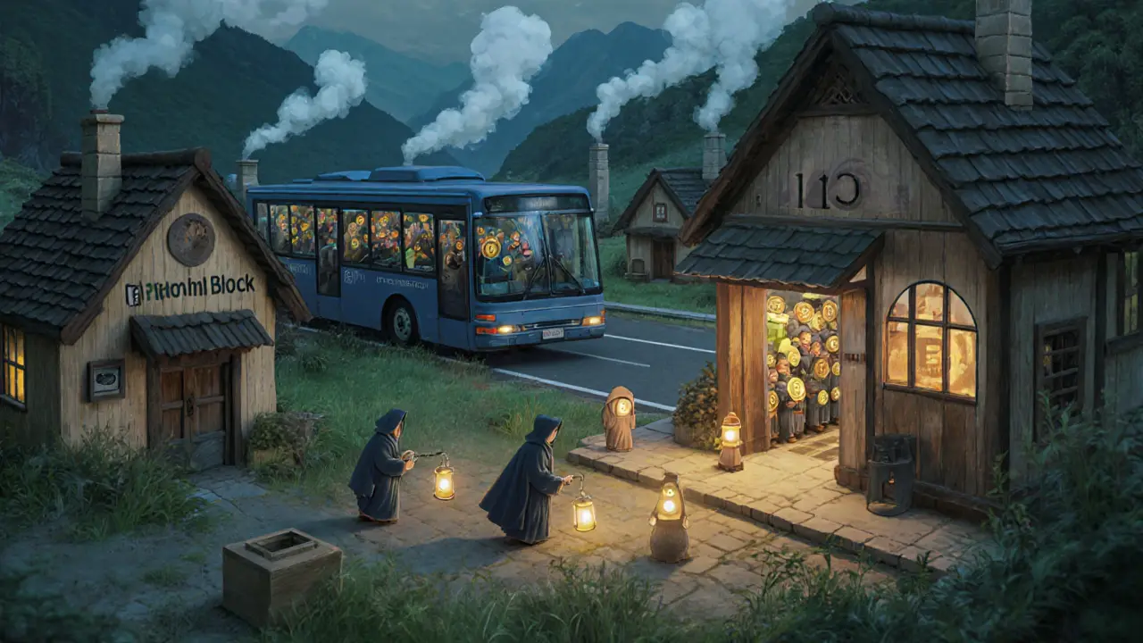 A peaceful village of nodes with miners delivering blocks, a slow-moving Bitcoin bus, and a warm Raspberry Pi cottage.