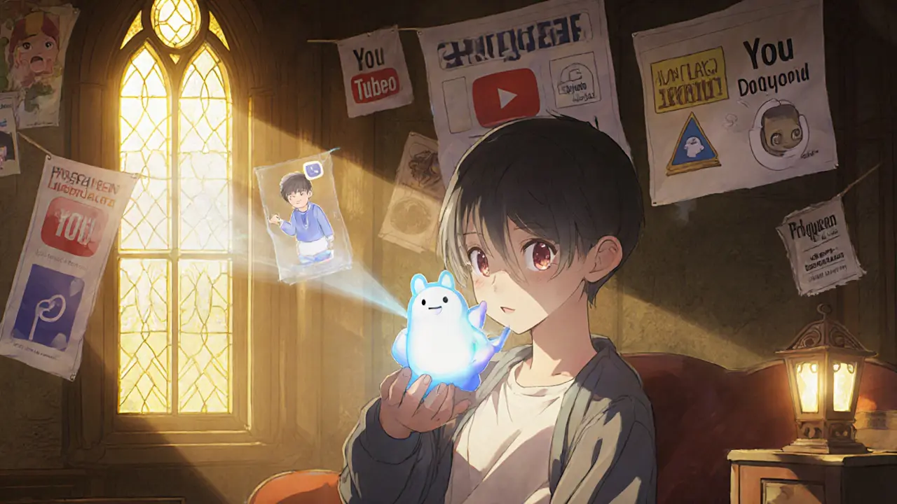 A person in a cozy lounge holding a glowing Polqueen NFT that projects a 3D avatar with memories floating around.