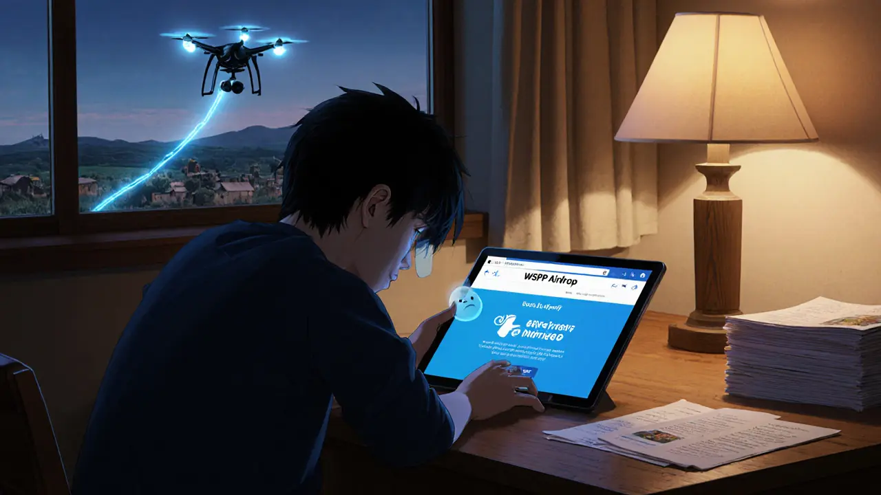 A person stares at a scam crypto page while outside, a charity drone delivers aid in warm light.