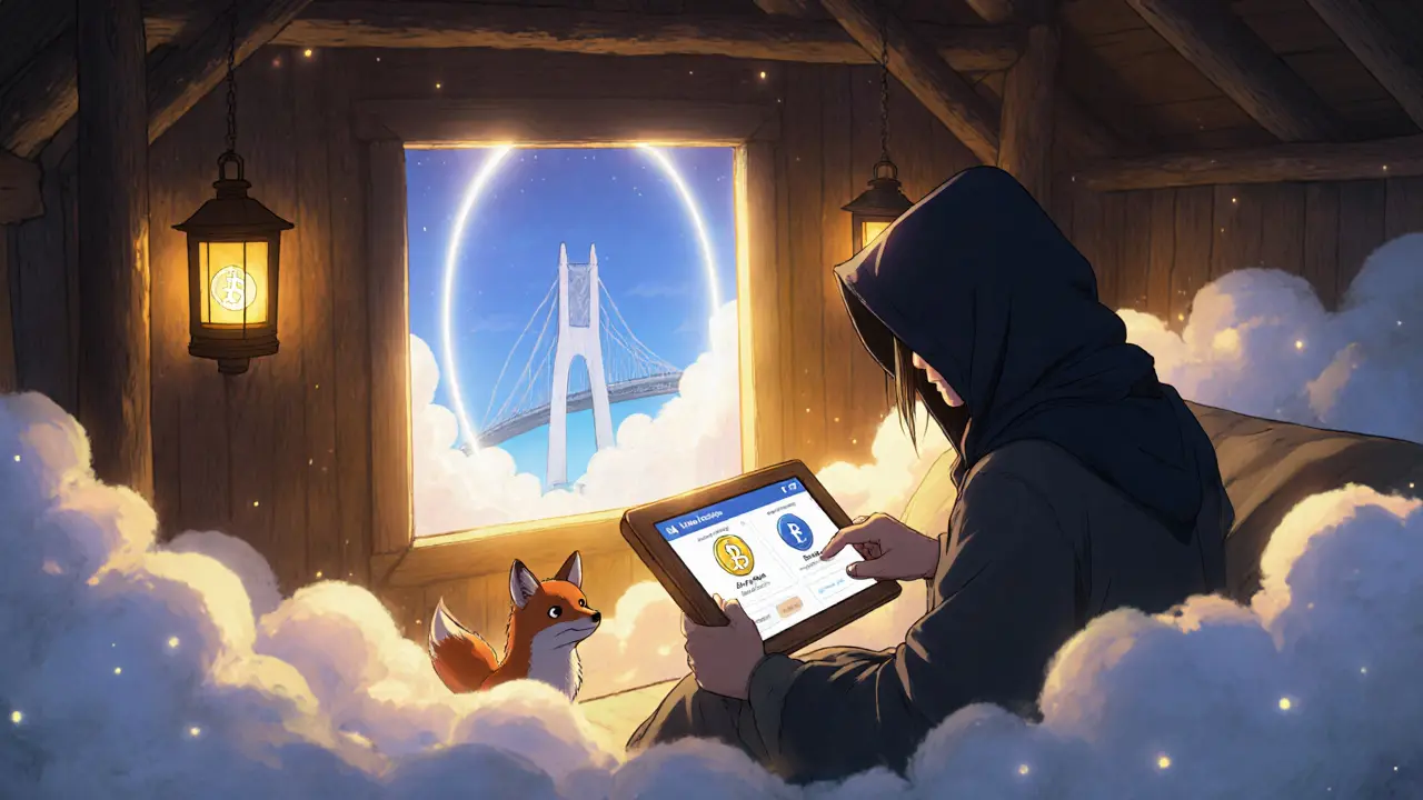 A person swaps tokens in a cozy cabin while a fox watches, with a slow bridge portal glowing in the distance.