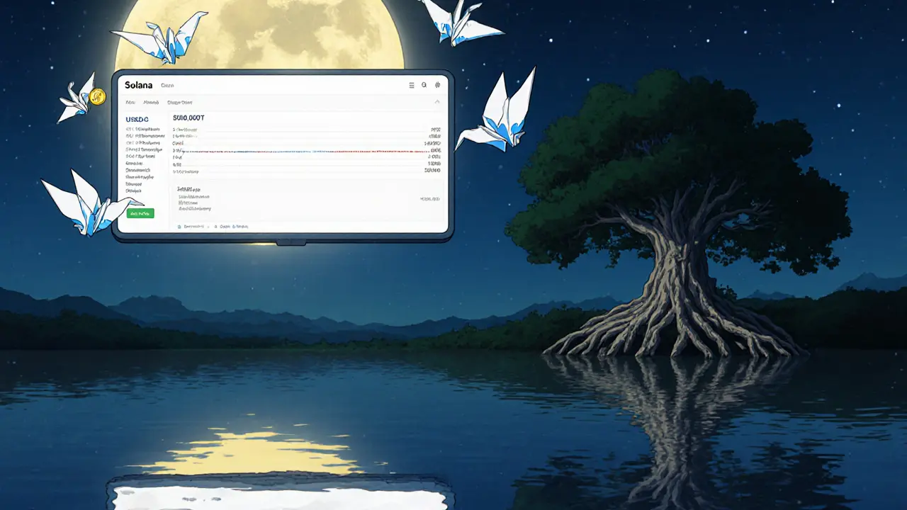 A serene night scene with a wallet interface above a lake, paper cranes made of blockchain code flying around, reflecting perfect swap accuracy.