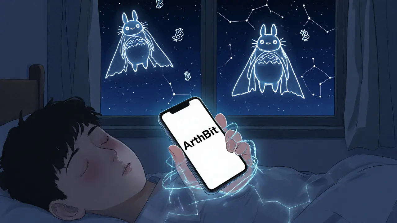 A sleeping user’s phone glows with the ArthBit app as blockchain spirits protect it with shimmering light.