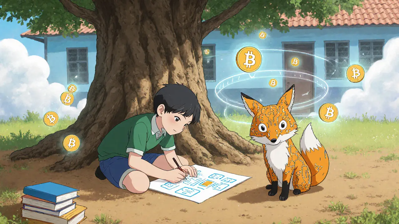 A student draws a blockchain in the dirt as a fox with circuit patterns watches, surrounded by floating crypto symbols and books.