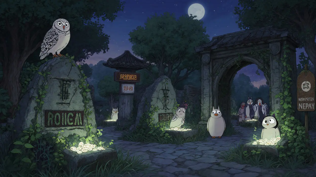 A twilight metaverse plaza with a few active avatars staking NFTs at ancient altars, vines growing around them.