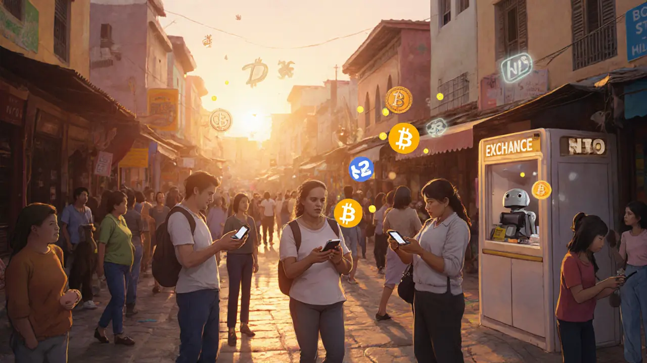 A vibrant marketplace in La Paz where people send crypto remittances, with digital tokens floating like fireflies between users.