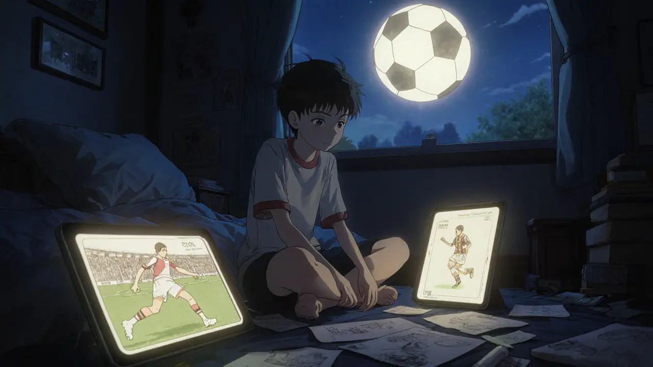 A young fan in a bedroom surrounded by glowing NFTs and sketches of football legends at dusk.