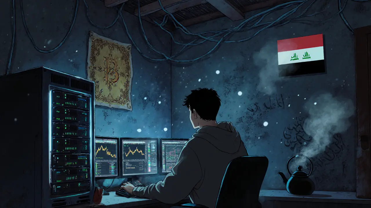 A young miner in a basement surrounded by glowing crypto rigs and traditional Iraqi decor.