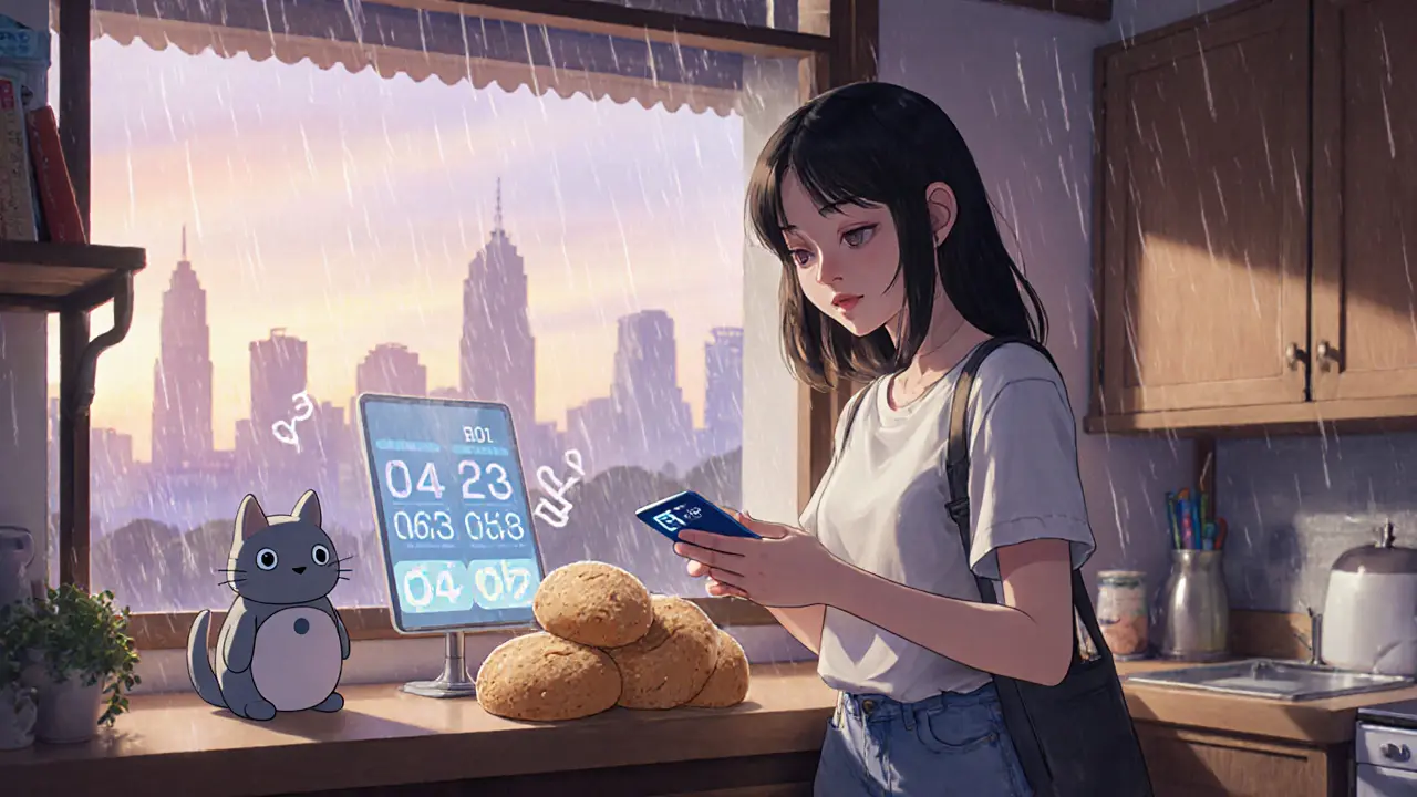 A young woman using a ZIGCard to buy bread, with a robot cat showing staking rewards, as a soft sunset lights a fusion of traditional and tech-infused city.