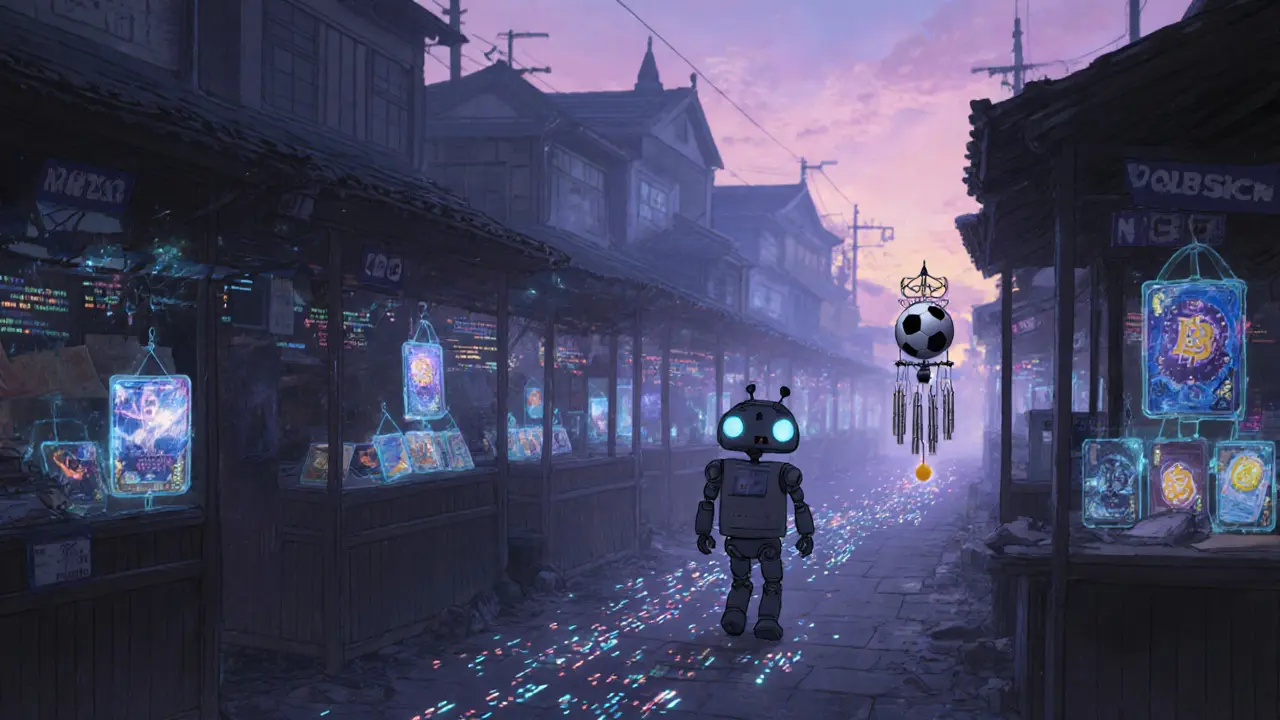An abandoned digital marketplace with dimming NFT cards floating in twilight, a small robot walking away.