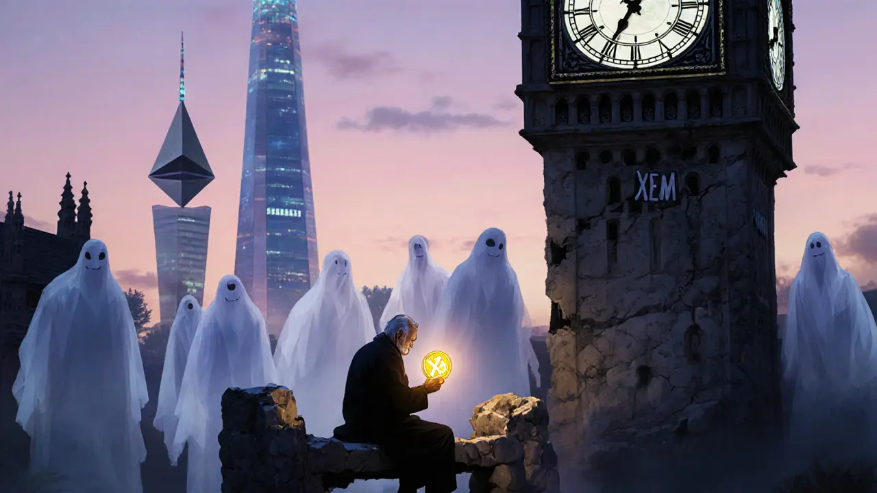 An elderly person holding an XEM coin beneath a broken NEM clock tower as ghostly figures fade into twilight.