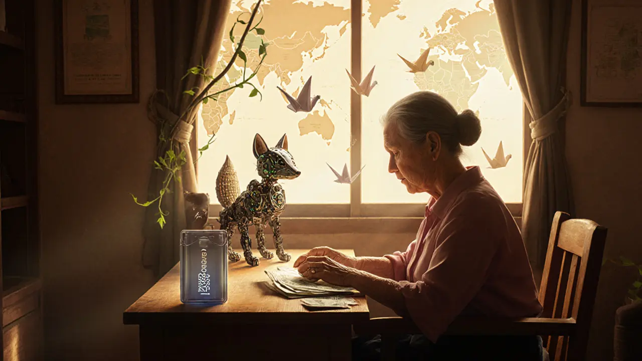 An elderly woman stacking cash beside a stablecoin USB drive, while a mechanical fox watches silently from outside.