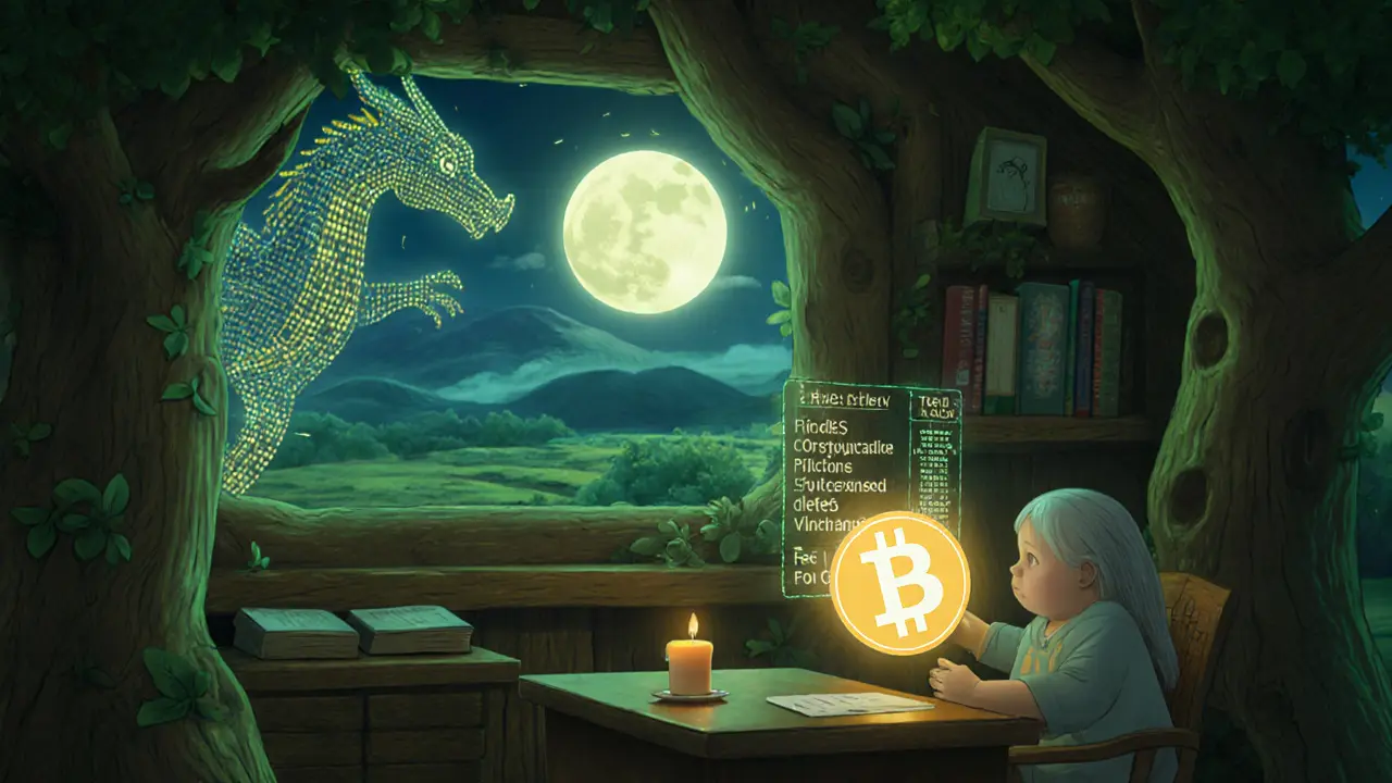 An elderly woman views BIT utility options in a glowing treehouse exchange.