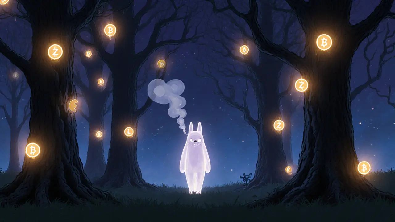 An empty digital forest of glowing blockchain trees, each holding a fading ZWZ token, with a ghostly zombie spirit walking among them.