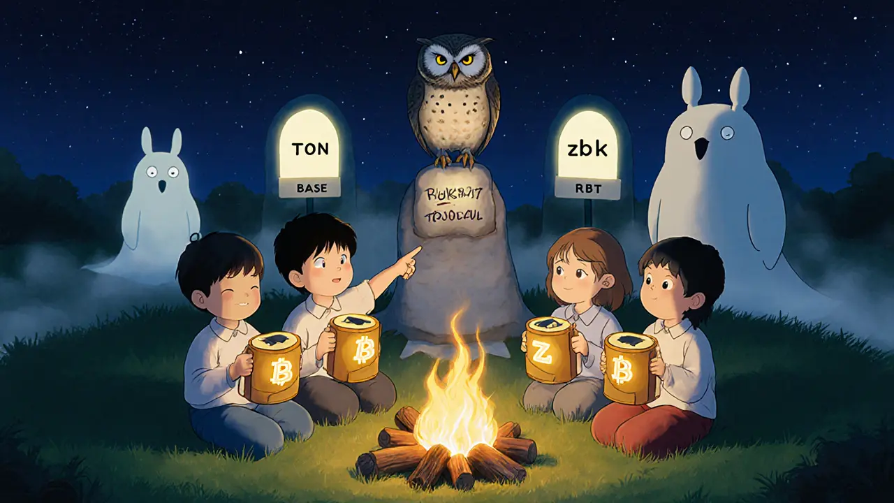 Children by a campfire guided by an owl toward active crypto projects, while RBT fades into mist in Studio Ghibli style.