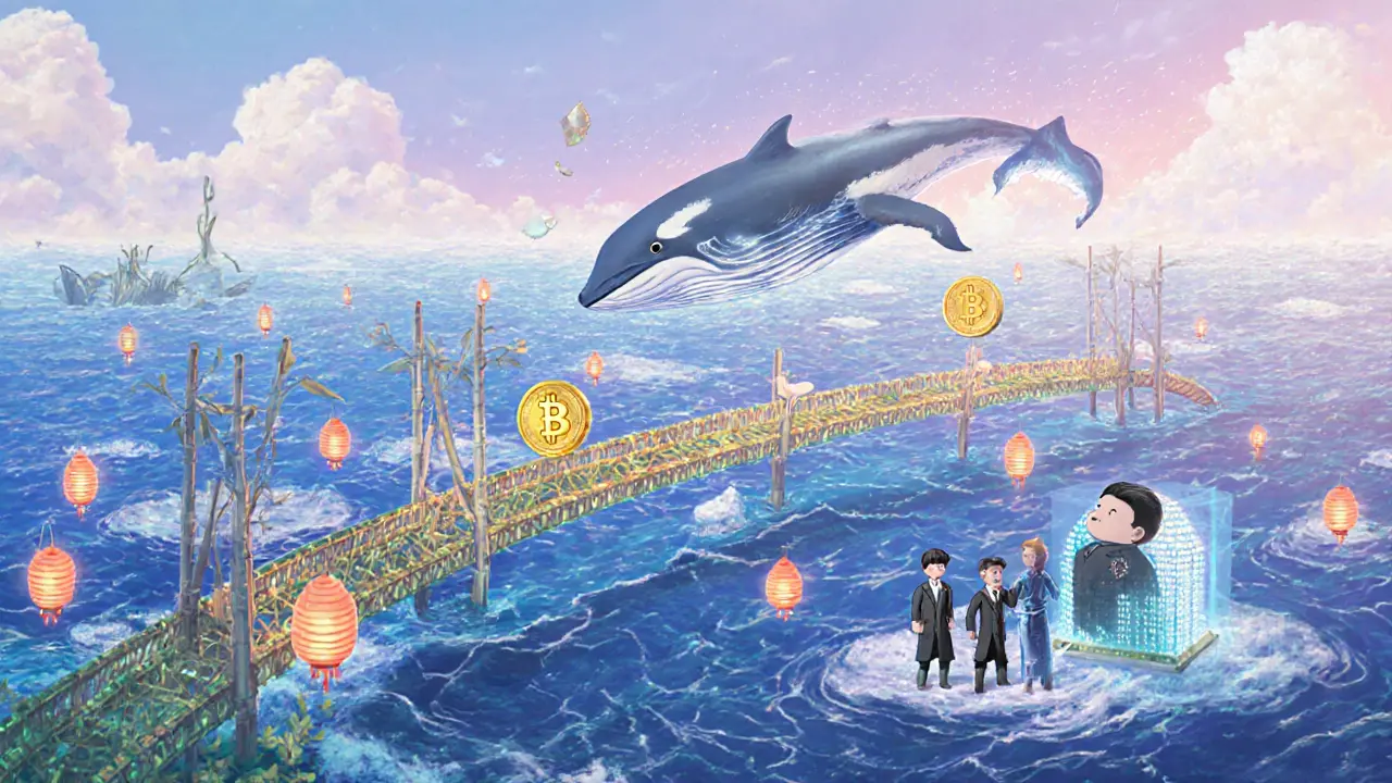 Digital Bitcoin whales swimming through glowing cross-chain bridges in a sky filled with floating blockchain realms.