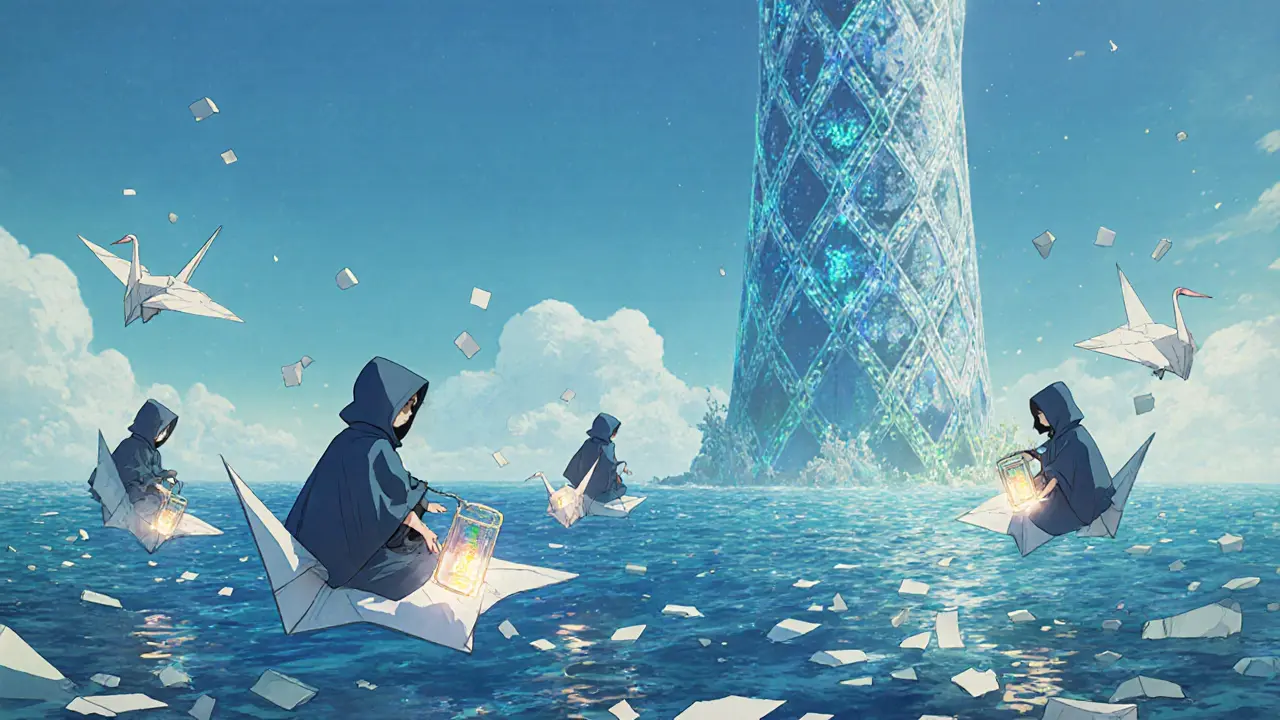 Explorers on paper cranes sample data fragments from a shimmering ocean of blockchain receipts under a serene Celestia tower.