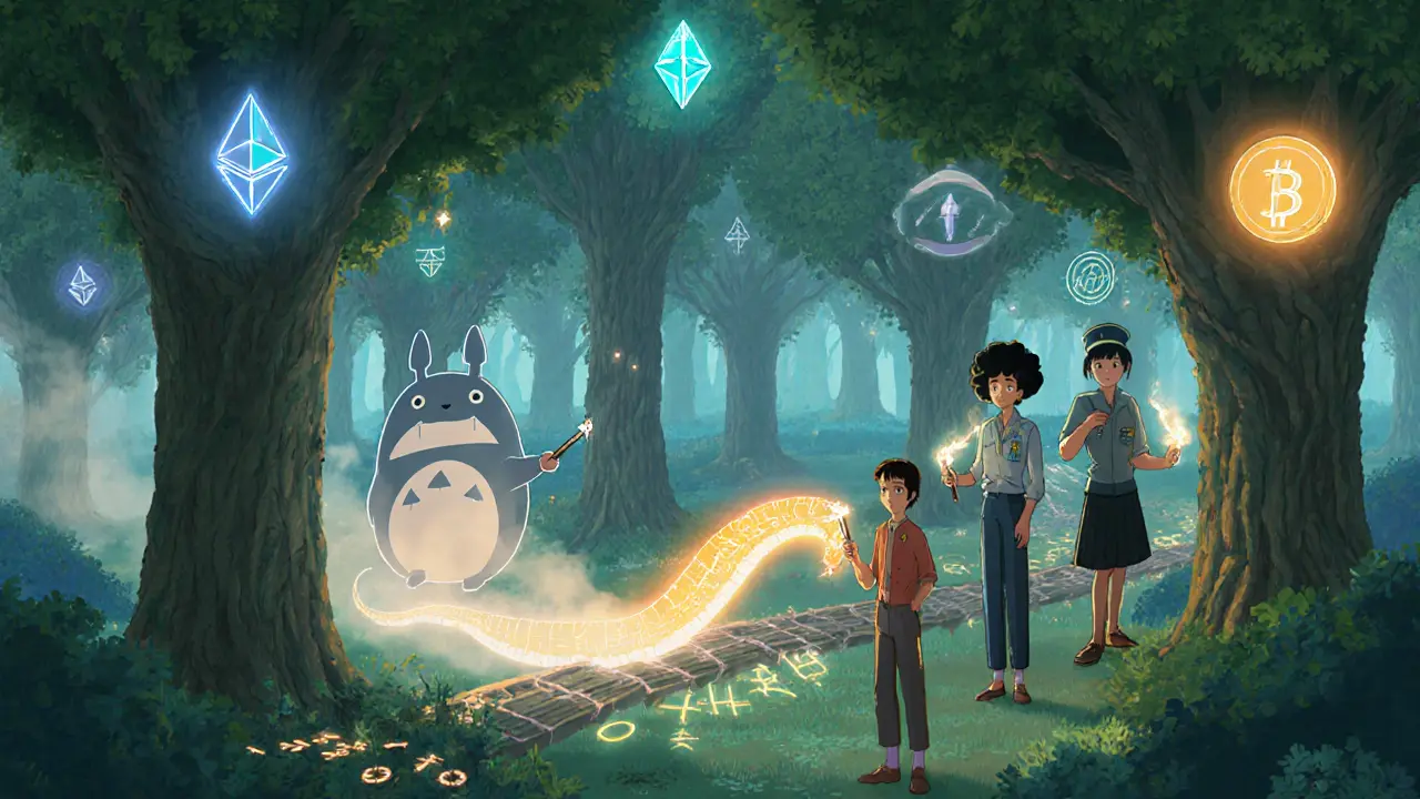 Investigators tracing a glowing crypto serpent through a forest of blockchain trees using magical wands in a dreamlike digital world.