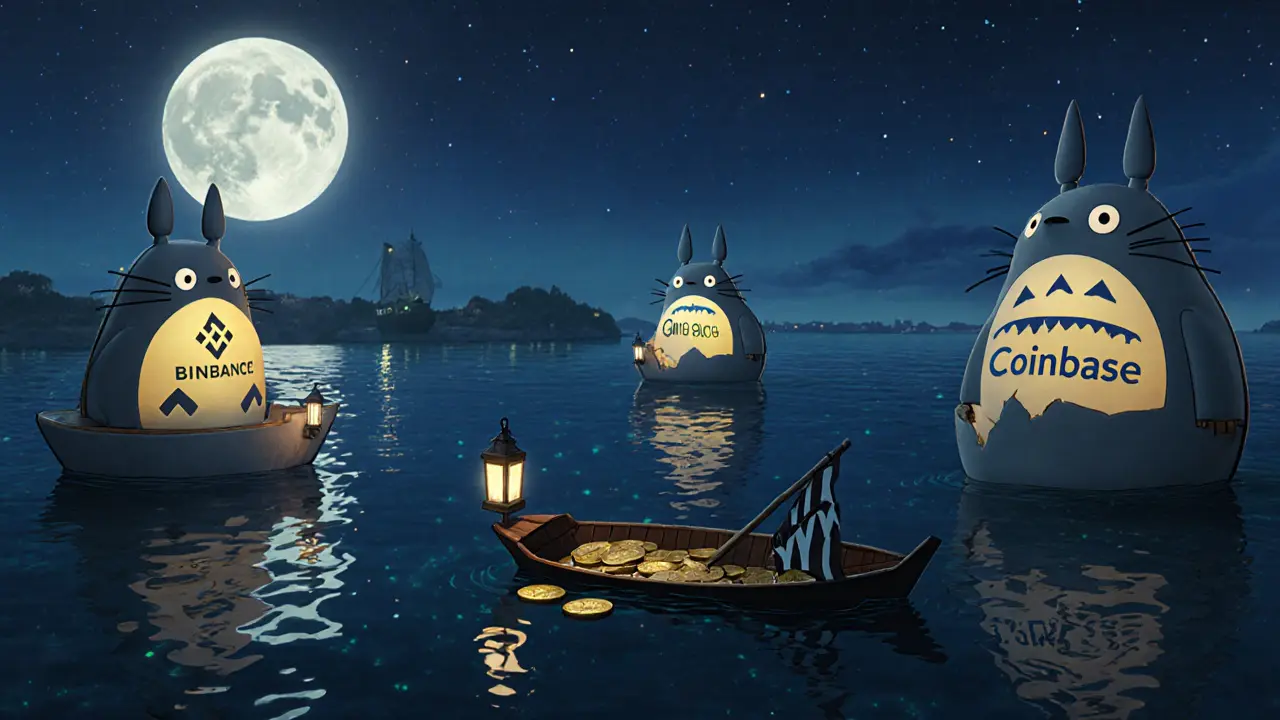 Peaceful crypto wallet boats float under lanterns while a broken WBF boat drifts away into dark water under the moon.