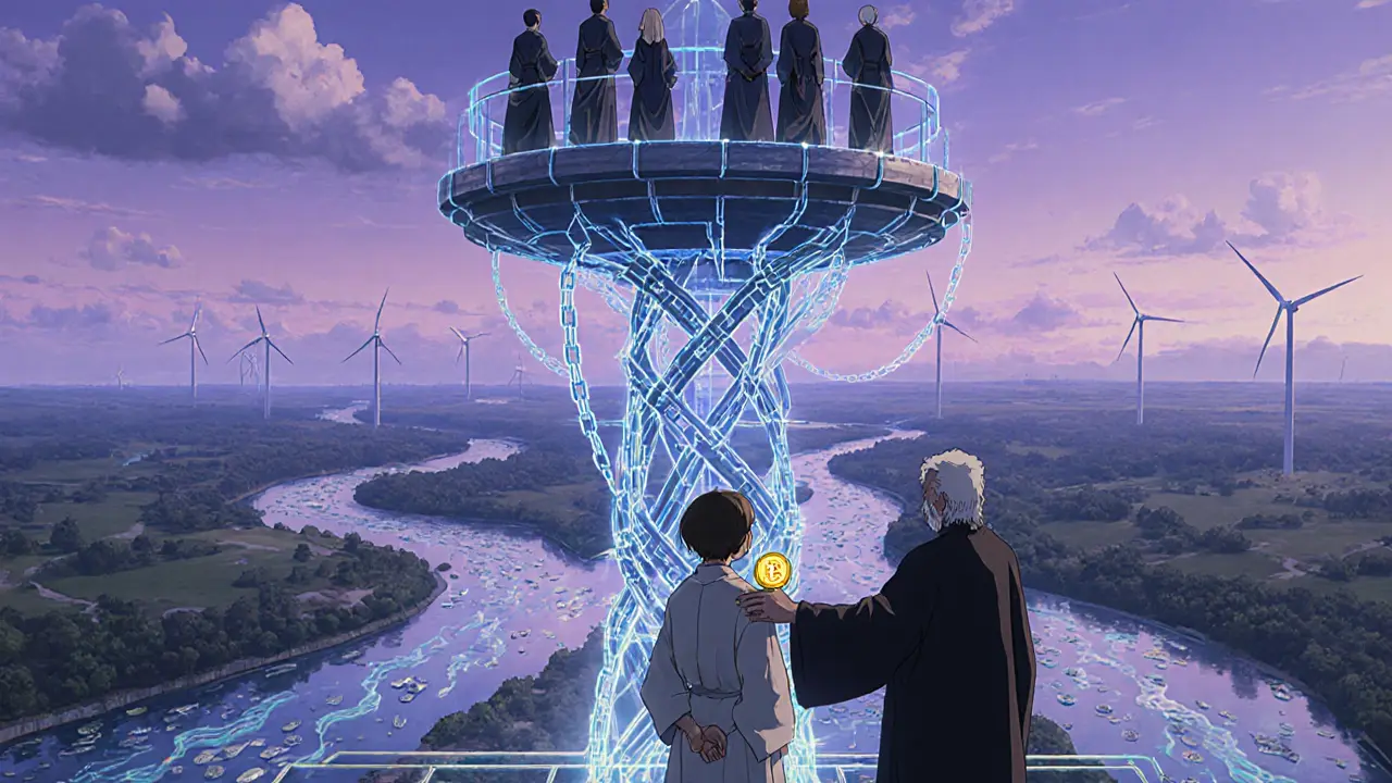 Professional stewards on a floating tower oversee rivers of stablecoins, while an apprentice holds a SOL coin under a twilight sky.