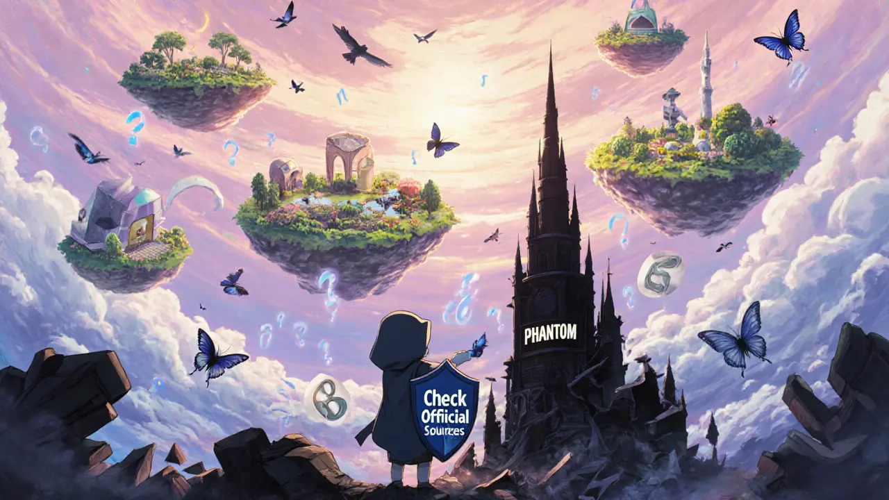 Real crypto projects float peacefully in the sky while a scam tower crumbles below, a child reaches for safety.